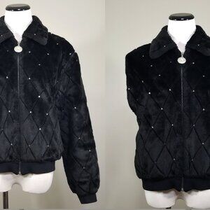 Vintage St. John Collection Black Faux Fur Jacket Vest M Women Gorpcore Zip Coat